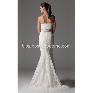 Trumpet Mermaid Strapless Chapel Train Lace Ribbon Wedding Dress